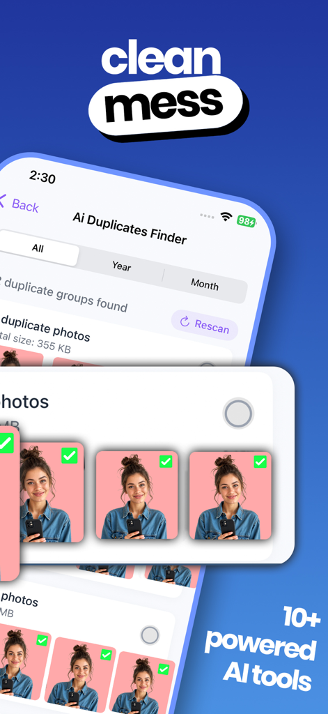 Cleaner - Ai Phone Optimizer - Ai Duplicates Finder tool within the Cleaner app showing duplicate photo groups