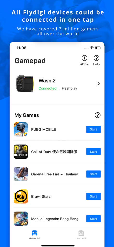 Flydigi Game Center app showing a connected Wasp 2 gamepad and a list of mobile games including PUBG and Call of Duty.