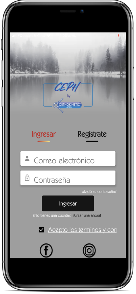 CEPH APP  By ORTHOKINETIC APPS - Login screen for the CEPH APP orthodontic diagnostic tool featuring email and password input fields