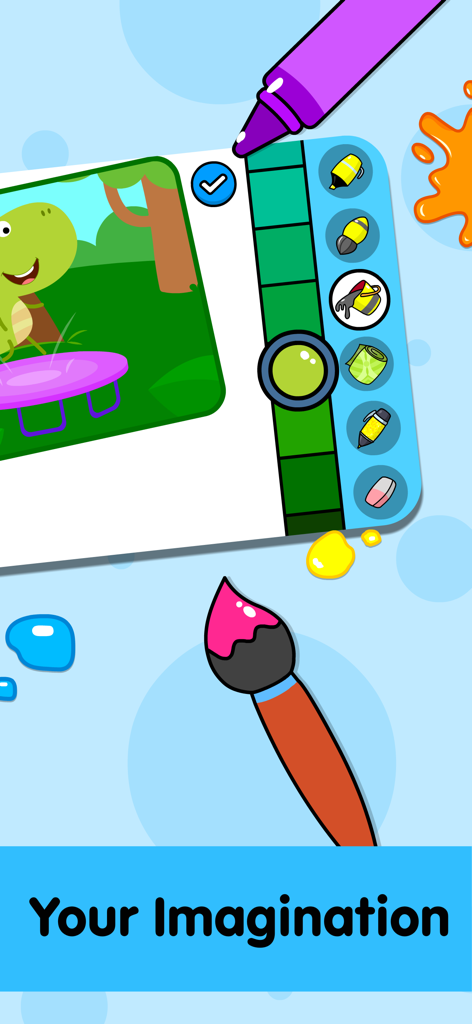 KidloLand coloring app interface with a dinosaur and drawing tools