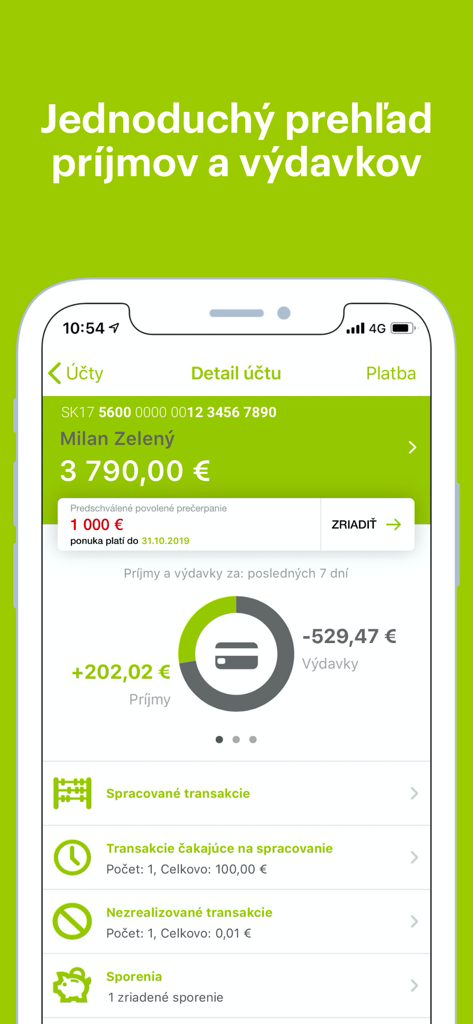 Peňaženka mobile app interface showing account balance and a chart of income and expenses.