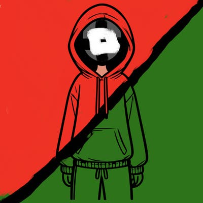 faceless girl in a tracksuit with a hood on and no hair