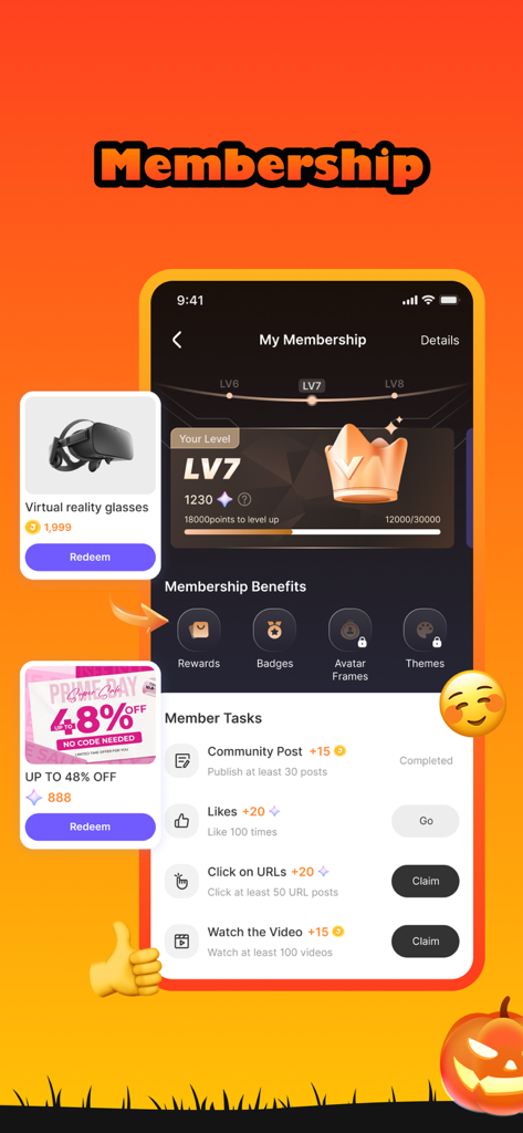 Joyhub app membership dashboard showing user level 7, membership benefits, and daily tasks to earn rewards