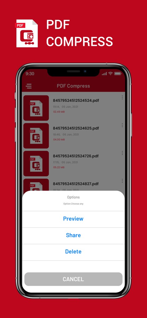 PDF圧縮アプリのファイルリストと、プレビューと共有のアクションを含むオプションメニューを示すiPhone画面。