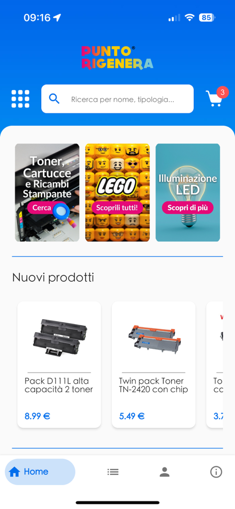 Punto Rigenera - Schermata principale dell'app mobile Punto Rigenera che mostra forniture per stampanti e prodotti per ufficio