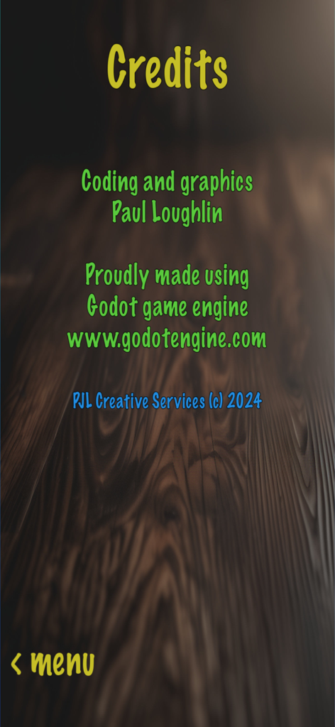 Credits screen for Draw-Straws app showing developer Paul Loughlin and Godot game engine information