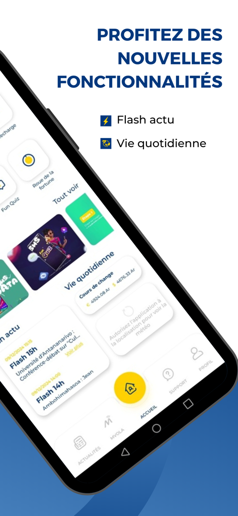 Interface do aplicativo móvel Yas et moi exibindo novos recursos, incluindo flashes de notícias e serviços de vida diária, como taxas de câmbio