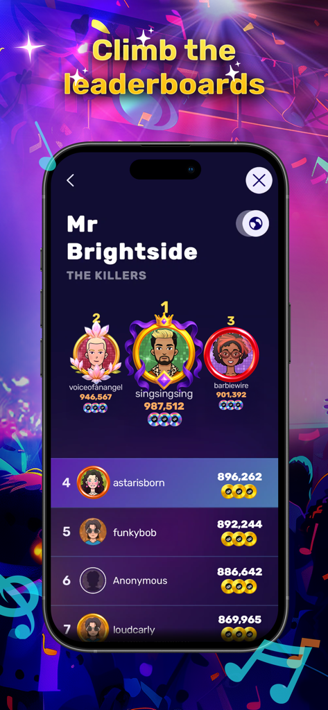 Sing King: The Home of Karaoke - A leaderboard screen in the Sing King app showing top user rankings and scores for the song Mr Brightside by The Killers