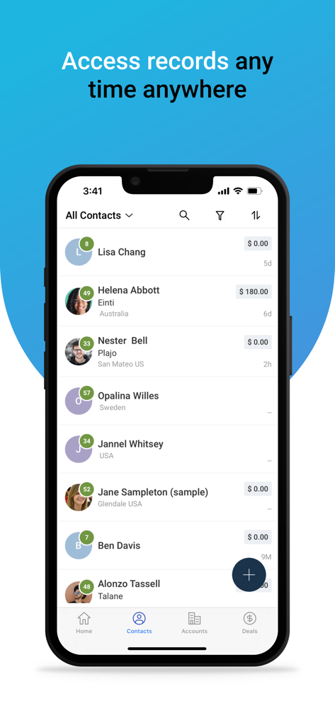 Freshsales - Interfaccia dell'elenco contatti dell'app CRM mobile Freshsales che mostra profili cliente, valori delle trattative e punteggi dei contatti