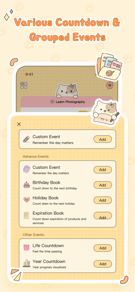 Selection screen for various countdown categories including birthdays holidays and expiration dates in a cute aesthetic style