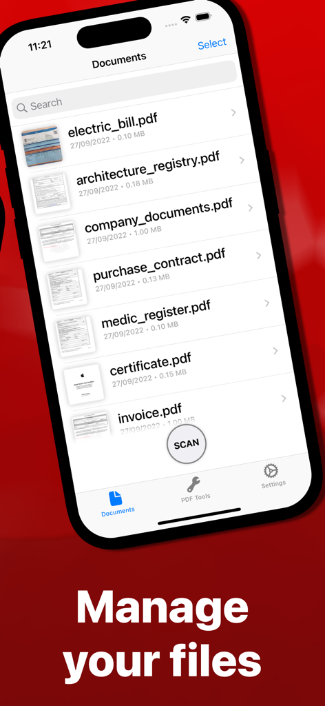Oberfläche der PDFMaker-App mit einer Liste organisierter PDF-Dokumente, einschließlich Rechnungen und Verträgen auf einem iPhone