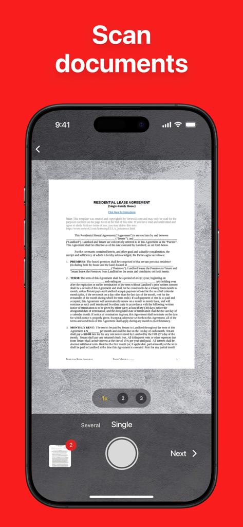 Uma interface móvel digitalizando um contrato de locação residencial para convertê-lo em um PDF