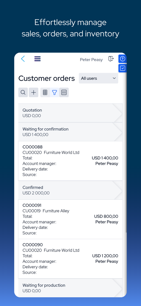 MRPeasy - MRPeasy mobile app interface showing customer order tracking and inventory management categories