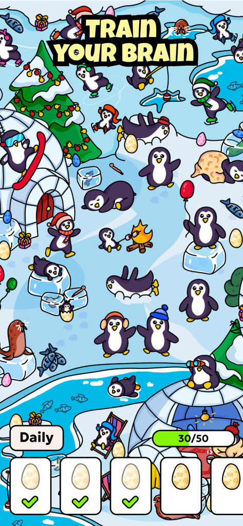 Livello puzzle di oggetti nascosti a tema invernale con simpatici pinguini e testo di allenamento cerebrale