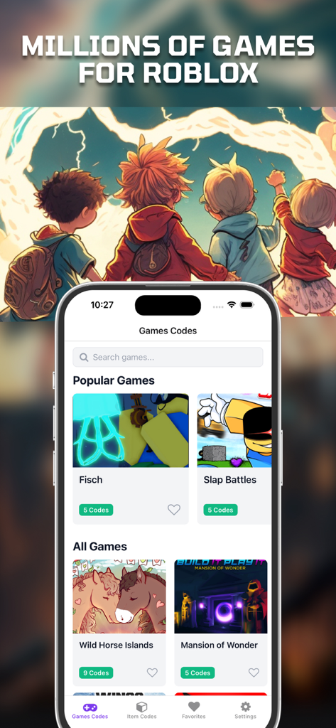 CodesHub - game codes for RBLX - Pantalla de inicio de la aplicación CodesHub mostrando juegos populares de Roblox como Fisch y Slap Battles con el número de códigos promocionales disponibles para cada juego.