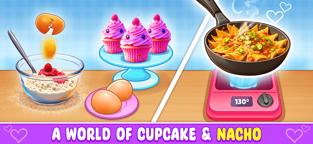 Fast Food - Cooking Game - A split screen showing pink frosted cupcakes on a stand and nachos cooking in a frying pan on a pink stove.