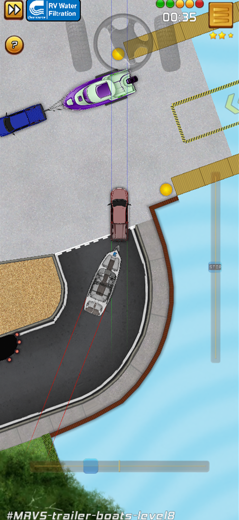 Top down view of a pickup truck reversing a boat trailer on a boat ramp in a simulation game.