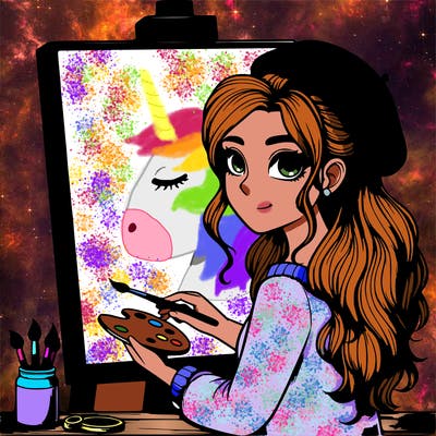 realistic girl artist painting a blank canvas