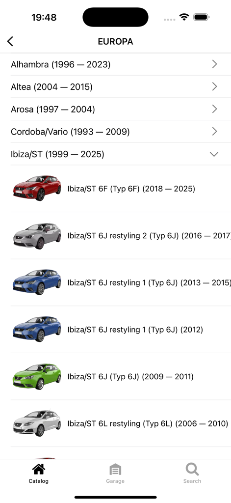 Car parts for Seat - diagrams - Mobile app screen showing a catalog list of Seat car models and generations for parts identification