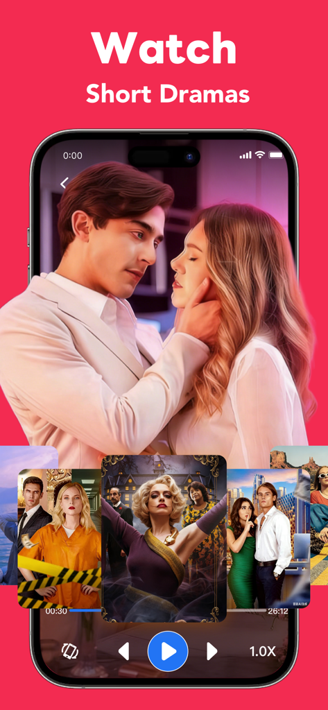 Good PDF Reader Scanner Editor - Interface de aplicativo móvel mostrando conteúdo de vídeo de drama curto e um carrossel de pôsteres de filmes.