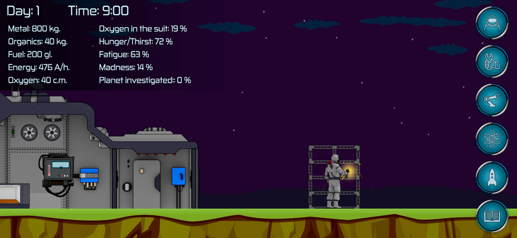 Random Space: Survival - Gameplay of Random Space Survival showing an astronaut building a base and resource management stats