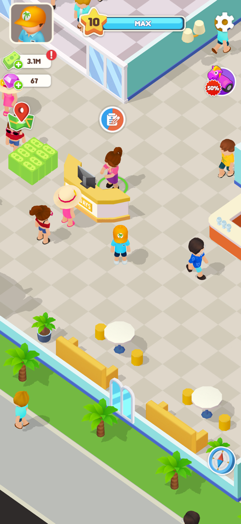 My Dream Hotel - Draufsicht auf Gäste, die in einem Hotel-Empfang in einem lässigen Tycoon-Spiel einchecken.