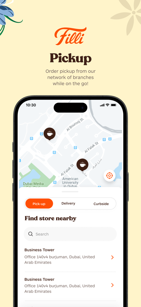 FiLLi - FiLLi app pickup feature showing a map and a list of nearby stores for tea orders.