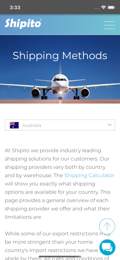 Pantalla de la aplicación móvil de Shipito que muestra los métodos de envío internacionales y una selección para Australia con un gráfico de avión