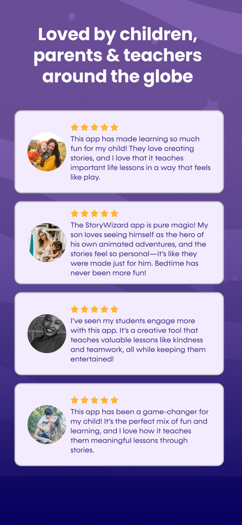 StoryWizard: Create Storybooks - A collection of positive five-star testimonials from parents and teachers for the StoryWizard storytelling app.