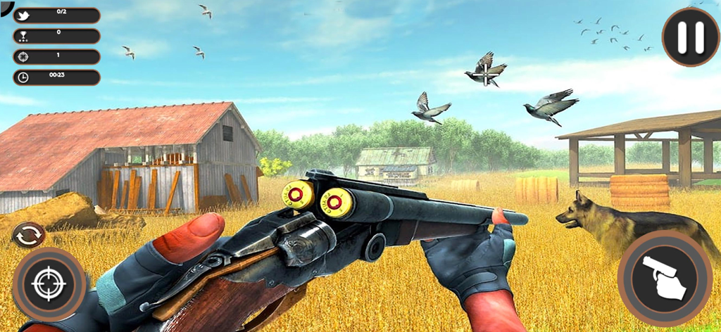 Sniper Birds Hunting 3D - Vista de tirador en primera persona de un juego de caza que muestra una escopeta apuntando a aves volando sobre un campo agrícola