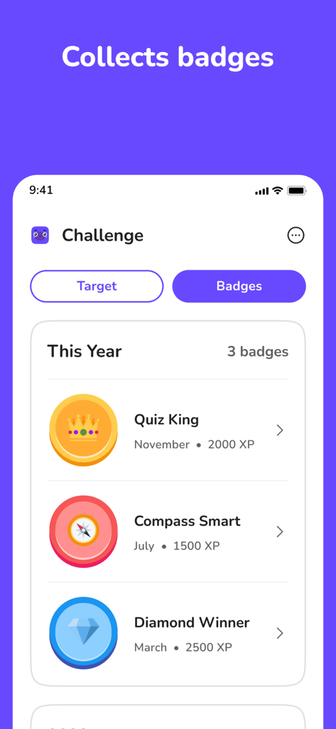 Elingo app screen showing earned achievement badges like Quiz King and Diamond Winner with XP points