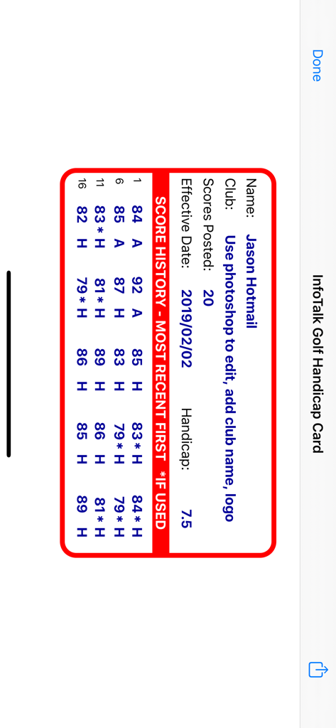 Golf Handicap Tracker & Scores - A digital golf handicap card displaying a player's score history and calculated handicap index.