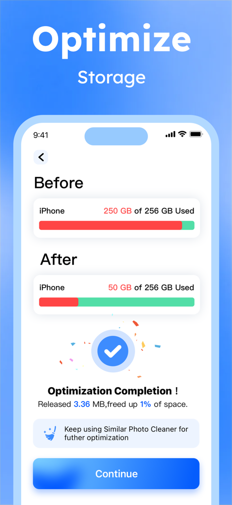 Cleanup guru - Speed Booster - Comparación del antes y después de la optimización del almacenamiento del iPhone en la aplicación Cleanup guru