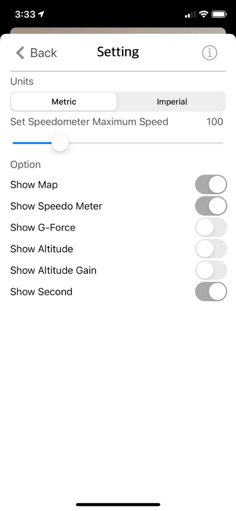 Motion Log Cam - Interface de configurações do Motion Log Cam mostrando opções para alternar sobreposições de mapa, velocímetro, força G e altitude.