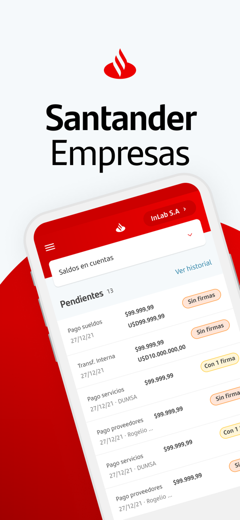 Santander Empresas Uruguay - Santander Empresas app screen showing pending business payments and account balances