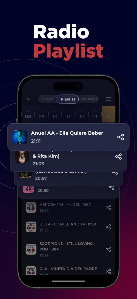 Radio Guatemala FM Online app displaying a list of recently played songs with timestamps
