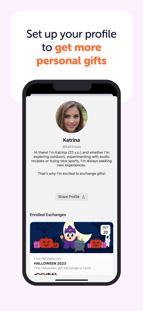 Screenshot of the Throne Exchange app showing a user profile and active gift exchanges like Halloween 2023