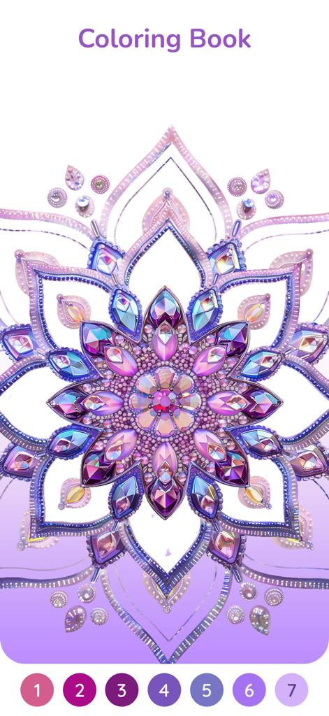 Eine kunstvolle lila Edelstein-Mandala-Malvorlage aus der Happy Color App