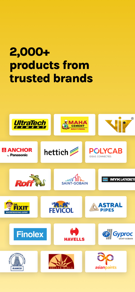 HomeRun: Materials in 60 mins - A display of logos from various construction and hardware brands like UltraTech, Saint-Gobain, Havells, and Asian Paints.
