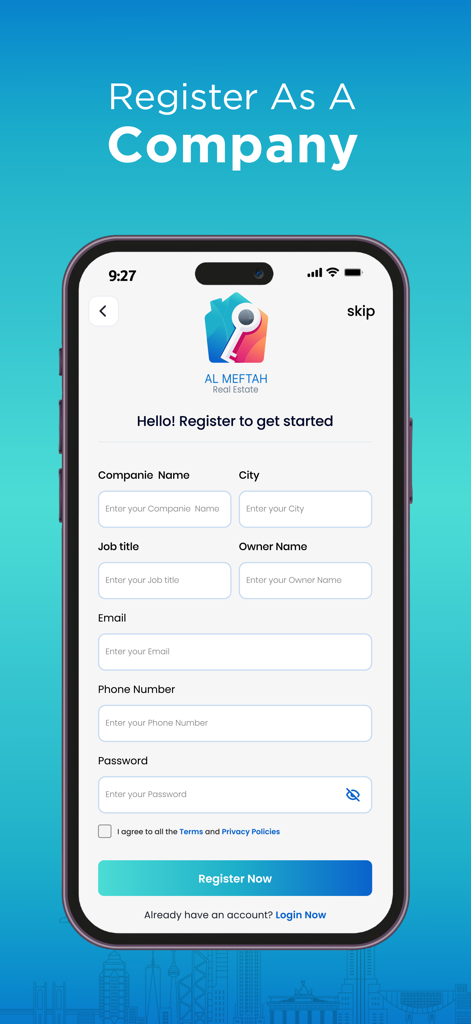 Homekey Finder アプリの不動産業者向け会社登録フォーム。