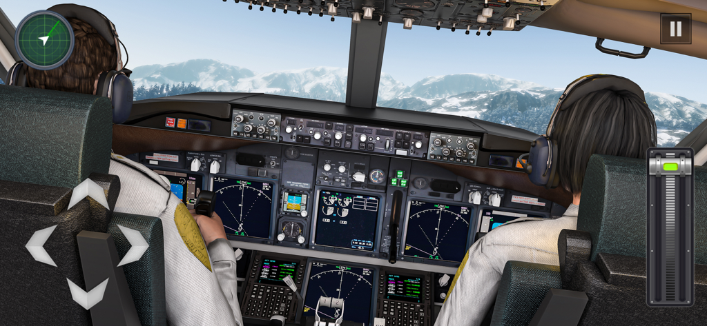 Plane Simulator: Airplane - Inside the cockpit of a realistic airplane simulator showing the pilot and instruments with a mountain view