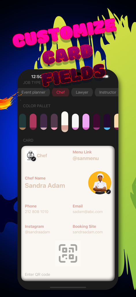 Benutzeroberfläche, die die Anpassung von digitalen Visitenkartenfeldern zeigt, einschließlich Farbauswahl und Auswahl des Jobtyps