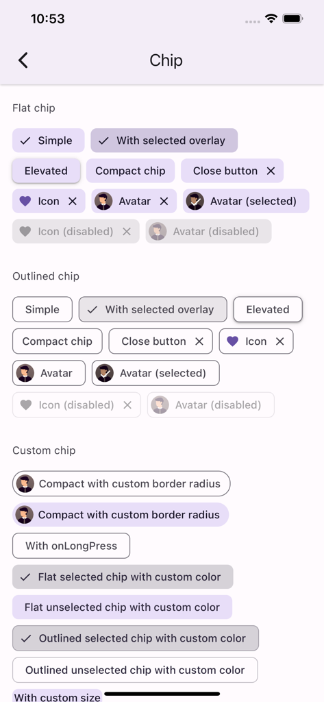 React Native Paper - A showcase of flat, outlined, and custom chip UI components for mobile development.