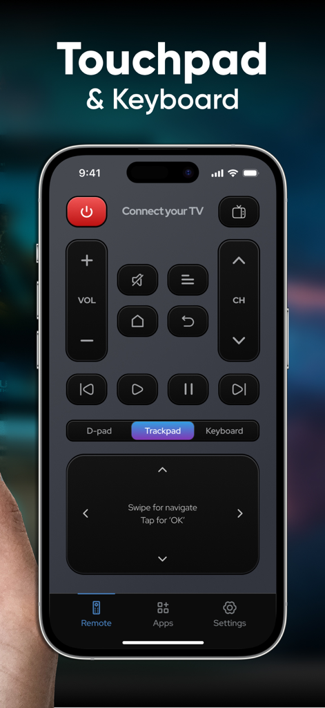 Remote TV Control・Universal - Interfaz de la app de control remoto universal de TV que muestra un panel táctil digital y controles de navegación en un iPhone