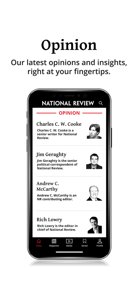 National Review - ナショナル・レビューのモバイルアプリのオピニオン画面。保守的なコラムニストと著者のリストが表示されています。