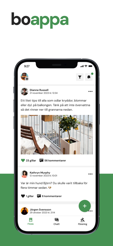 Boappa - Una interfaz de aplicación móvil de Boappa que muestra un feed social para una comunidad residencial donde los vecinos comparten publicaciones y actualizaciones