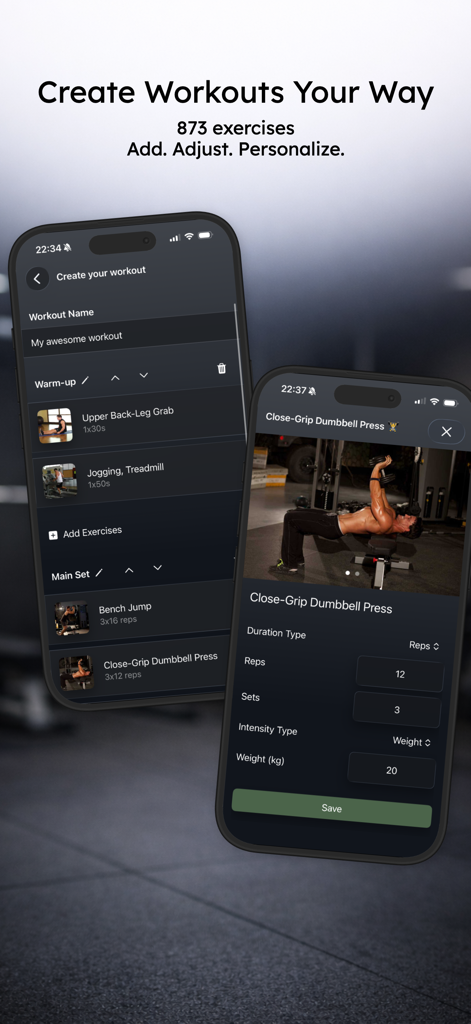 Delicious Fitness - Interface of Delicious Fitness app showing the workout builder and exercise customization screens