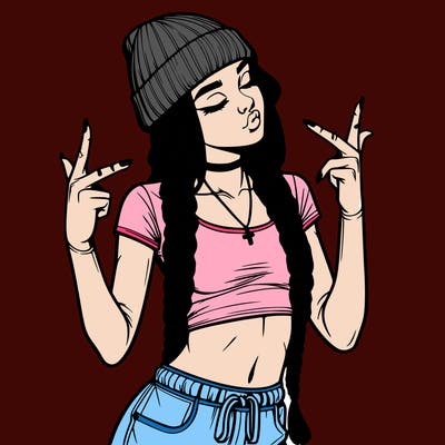 realistic teenage girl with braids and a beanie and crop top doing 🫶🏼