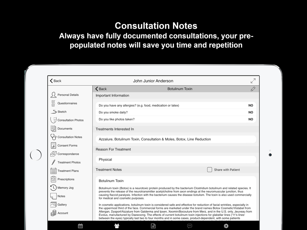 Consentz - Consentz iPad application showing digital medical consultation notes for a Botox treatment including patient information and procedure details.