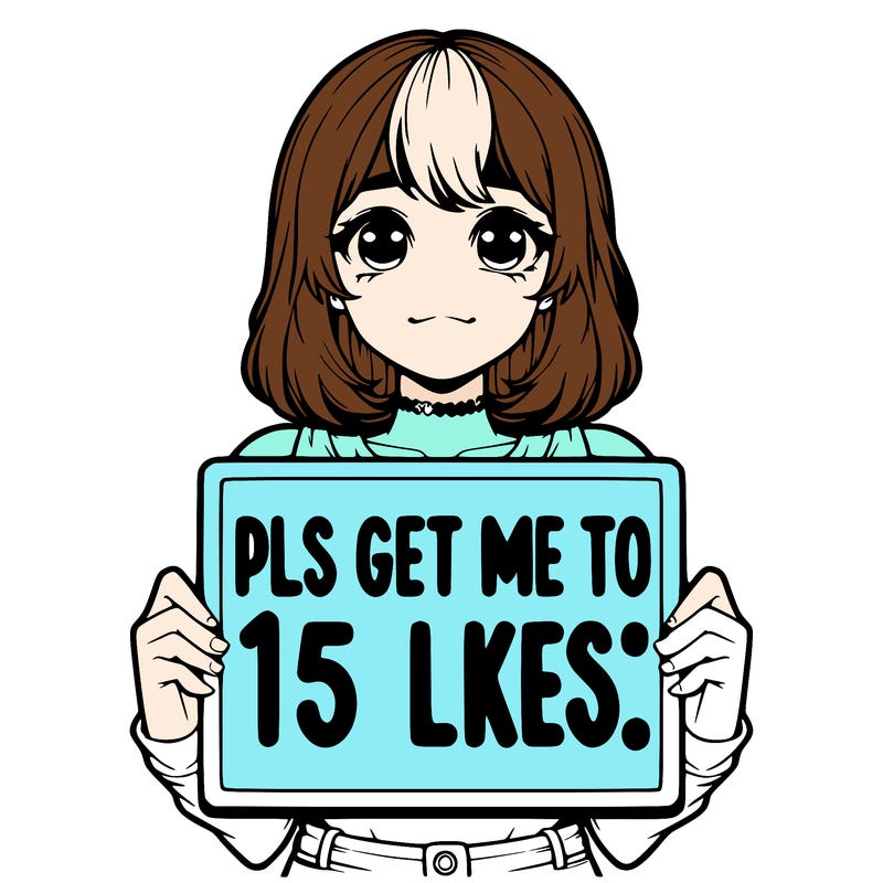 realistic girl holding up a sign that says “pls get me to 15 likes!”